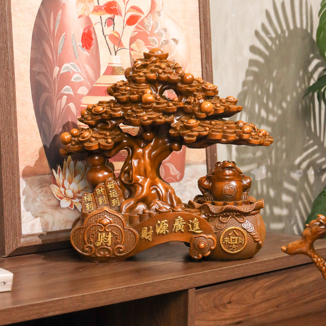 Double Fortune Wood Money Tree &amp; Frog 37cm