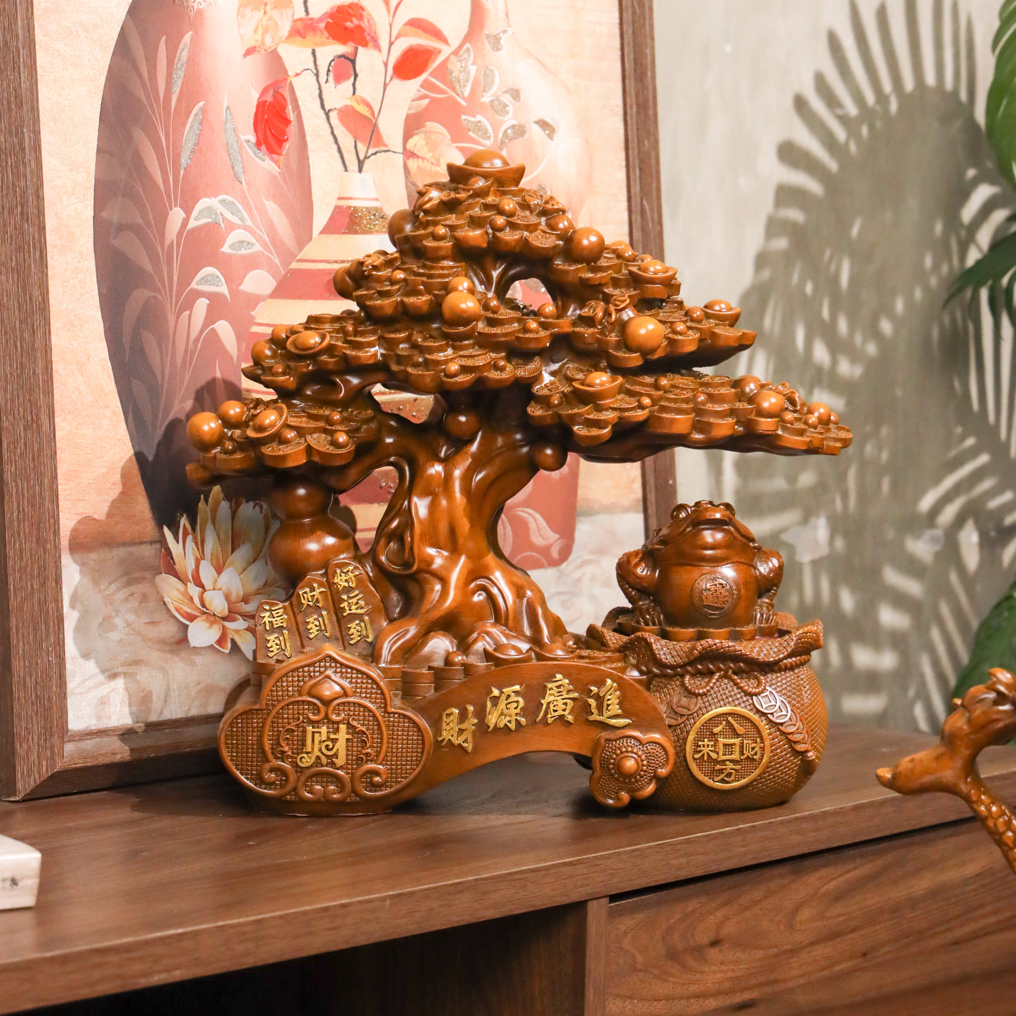Double Fortune Wood Money Tree &amp; Frog 37cm