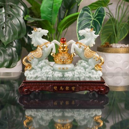 Double Jade Horses of Achievement and Gain 30cm
