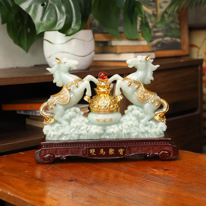 Double Jade Horses of Achievement and Gain 30cm