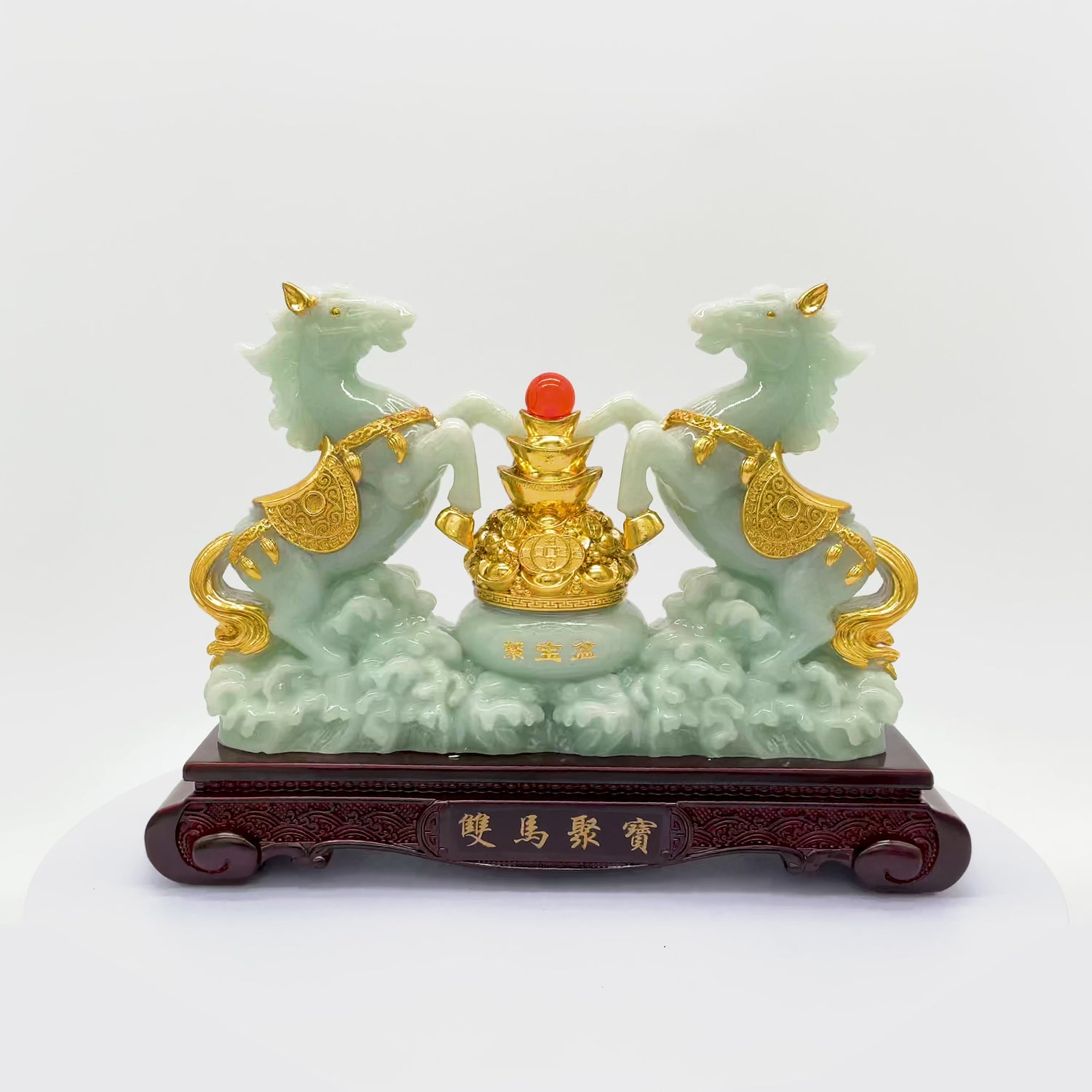 Double Jade Horses of Achievement and Gain 30cm