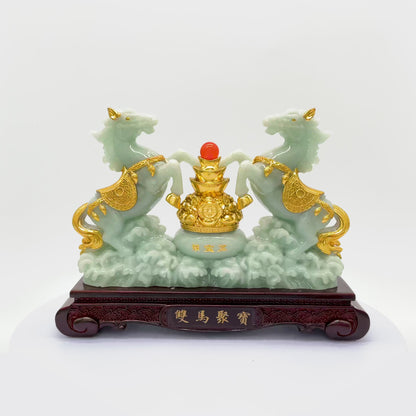 Double Jade Horses of Achievement and Gain 30cm