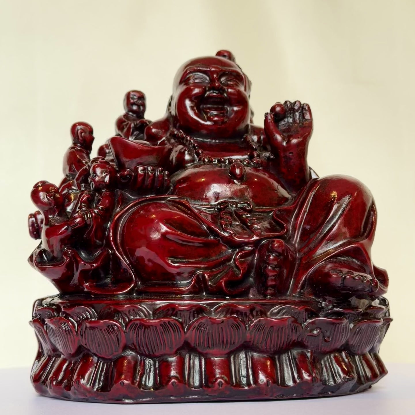 Red Laughing Buddha Sitting with Many Children 18.5cm