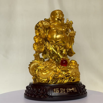 Gold-Carrying Laughing Buddha on Dragon 31cm