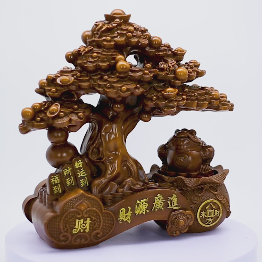Double Fortune Wood Money Tree &amp; Frog 37cm
